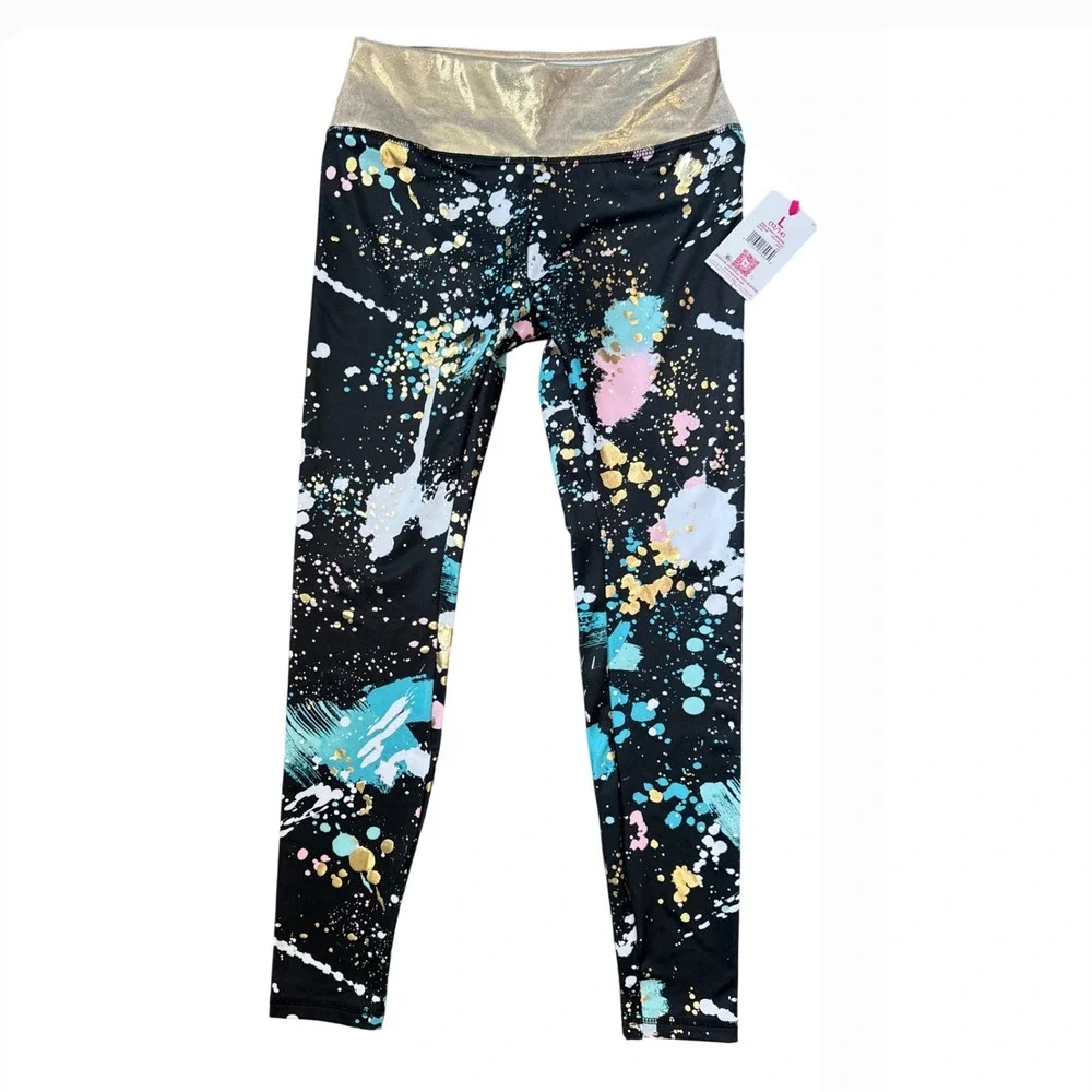 Justice Girls Turquoise Gymnast Star Tank Top & Black Paint‎ Splatter Leggings